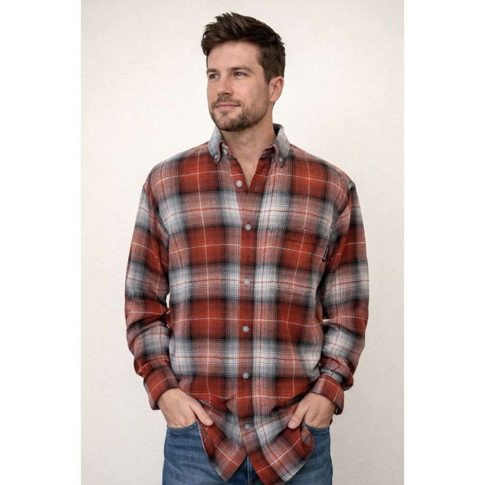 Wolverine Men’s Rust Plaid Cotton Flannel Button-Up Shirt Workwear Casual Size M